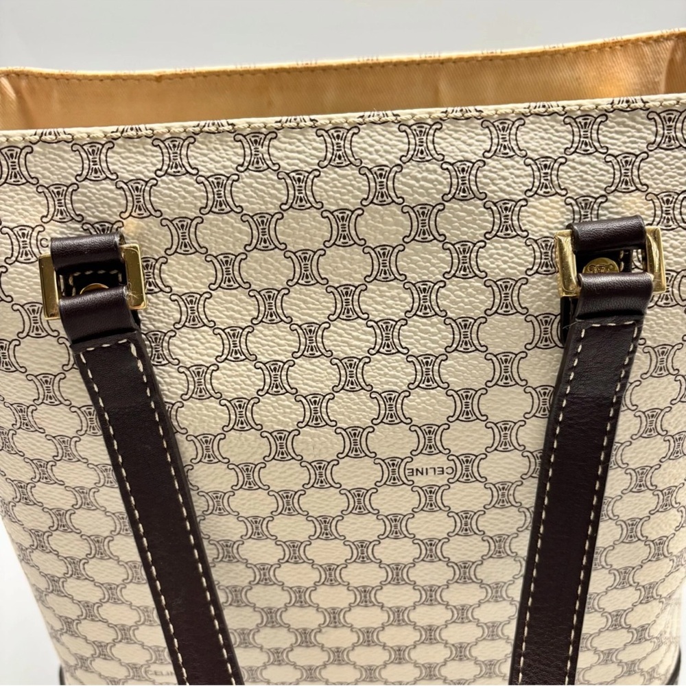 CELINE Tote Bag Macadam PVC Leather White Brown Vintage - Picture 8 of 14